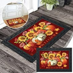 two mats with pumpkins and sunflowers on them