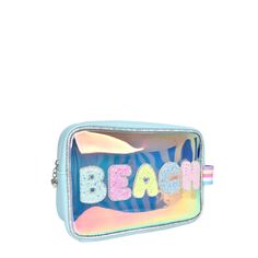 Don't stress about keeping your sea-ssentials near and dear with this ocean-blue peekaboo 'Beach' pouch! Coated in a gorgeous glaze and decorated with glittery bubble-letter patches, this pouch will make packing for your beach days a breeze! Toss in your beach pass, some cash, and SPF, and you’re good to go. Measures Approx. -6.00”H x 9.00”W x 3.00”D Manufacturer Style No. - BCH-LC337 Trendy Blue Rectangular Pouch, Trendy Blue Rectangular Cosmetic Bag, Trendy Blue Travel Cosmetic Bag, Trendy Blue Cosmetic Bag For Travel, Blue Beach Bag With Zipper Pouch, Trendy Blue Cosmetic Bag For School, Trendy Blue Pouch Pencil Case, Trendy Blue Cosmetic Bag For Gift, Trendy Beach Cosmetic Pouch Bag