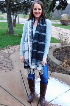 Long scarf with fringe ends featuring plaid with houndstooth print. Length 78" width 26". 100% acrylic. Fall Acrylic Scarves, One Size Acrylic Scarves For Fall, Winter Plaid Scarves One Size, Plaid Winter Scarves One Size, Plaid Scarves For Fall, Two Faced, Scarf With Fringe, Scarf Poncho, Long Scarf