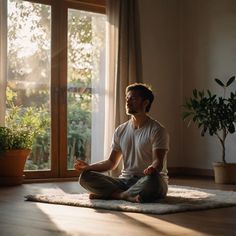 a man sitting on the floor in front of a window with his eyes closed and meditating