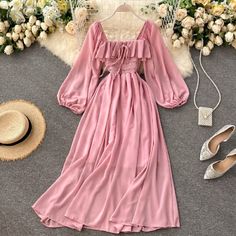 ad eBay - Dress Length:120cm. Sleeve Length 57cm. Color: as the pictures show. Long Sleeve Chiffon Dress For Casual Wear, Long Sleeve Chiffon Dress For Casual Occasions, Ruffled Solid Color Chiffon Dress, Feminine Chiffon Dress With Square Neck, Solid Chiffon Dress With Ruffles, Long Sleeve Chiffon Midi Dress For Casual Wear, Pink Chiffon Midi Dress With Ruffles, Pink Knee-length Chiffon Dress, Feminine Long Sleeve Chiffon Dress