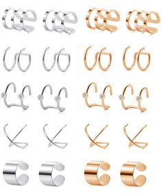 PRICES MAY VARY. MULTIPLE DESIGNS--4 Pairs in One Set, Totally 4 Different Styles: Personalized Cross X, Simple 2 Row Wrap, Trendy 3 Row Wrap, Classic U Shape Dome, Perfectly As Ear Cuff, Tragus Ring, Helix Cartilage Clip and Fake Nose Ring, Try Different Pair Every Day SIZE ADJUSTABLE—Soft Bendable Steel Wire Built, Without Worries of too Loose to Stay on or too Tight to Pinch Ears, Gently and Step by Step Adjust the Size While Putting on or Taking off,Inner Diameter: About 8-8.5MM, The Height Gatsby Accessories, Gatsby Earrings, Fake Nose Ring, Tragus Ring, Fake Nose Rings, Fake Nose, Wrap Earrings, Cartilage Earrings Hoop, Crescent Moon Earrings