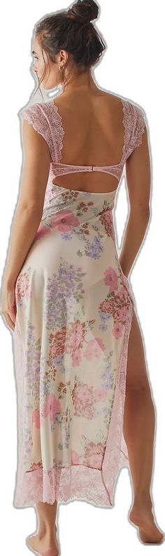 Flirty Floral Print Maxi Dress, Fitted Maxi Dress With Sheer Back For Spring, Spring Maxi Dress With Side Slits And Spaghetti Straps, Feminine Sheer Maxi Dress, Feminine Floral Print Backless Maxi Dress, Chic Spring Maxi Dress With Sheer Back, Spring Pink Maxi Dress With Split, Fitted Split Maxi Dress For Spring, Boho Clothing