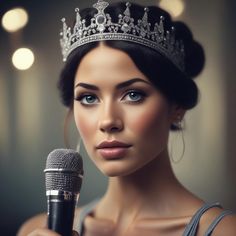 a woman wearing a tiara holding a microphone in front of her face and looking at the camera