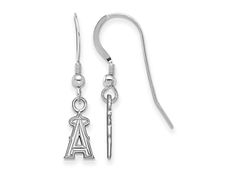 Rhodium over sterling silver polished MLB licensed 'Los Angeles Angels' extra small dangle earrings from LogoArt. Measures approximately 1.14"L x 0.24"W and have french wire clasps. Classic Silver Jewelry With French Hook, Personalized Classic Silver Earrings, White Sterling Silver Jewelry With French Hook, Personalized Silver Drop Earrings, Silver Sterling Silver Jewelry With French Hook, Wire Clasps, Wire Clasp, Small Dangle Earrings, Los Angeles Angels