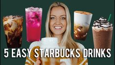 the woman is holding up five starbucks drinks