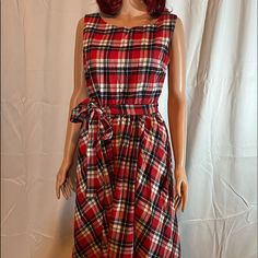 Red White And Blue Plaid Swing Dress Size L Nwt Cotton With Poly Shell No Pockets Belt Made From Dress Material Side Zipper Plaid Summer Holiday Dress, Casual Plaid Holiday Dress, Plaid Sleeveless Lined Dress, Sleeveless Plaid Dress For Party, Red Fitted Plaid Casual Dress, Casual Plaid Dress For Parties, Casual Red Fitted Plaid Dress, Casual Fitted Red Plaid Dress, Red Sleeveless Plaid Dress For Spring