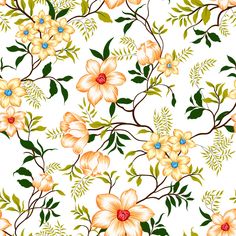 a floral pattern with yellow flowers and green leaves on a white background, suitable for wallpaper or fabric