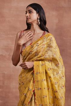 Yellow saree with floral patchwork pallu, zari stripes, sequin embroidery. Paired with handwoven multicolor striped blouse with sequin and pearl work. - Aza Fashions Summer Designer Chanderi Saree, Traditional Silk Pre-draped Saree For Summer, Summer Chanderi Saree With Dupatta, Chanderi Saree With Dupatta For Summer, Unstitched Chanderi Saree For Summer, Summer Unstitched Chanderi Saree, Summer Festive Chanderi Saree, Festive Summer Chanderi Saree, Summer Chanderi Saree