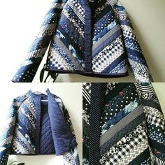 the jacket is blue and has many different patterns on it