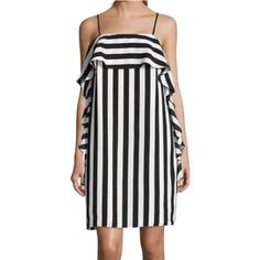 Beautiful Sexy Nicole Miller Vertical Stripe Ruffle Dress Nwt Flowing And Fully Lined. Adjustable Straps. Great For Any Occasion. Chic Striped Mini Dress With Ruffles, Chic Ruffle Dress With Spaghetti Straps For Date Night, Striped Mini Dress For Date Night In Summer, Chic Spaghetti Strap Ruffle Dress For Date Night, Black Summer Ruffle Dress For Date Night, Black Ruffle Dress For Summer Date Night, Chic Striped Mini Dress For Brunch, Black Mini Dress With Ruffled Straps For Summer, Flirty Black Ruffle Dress For Summer