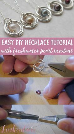 the instructions to make a necklace with pearls and silver wire are shown in three different ways