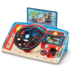 a toy car with steering wheel and playmat in front of it on a white background