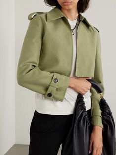 ANOTHER TOMORROW Convertible belted double-breasted cotton-twill trench coat Chic Fitted Gabardine Pea Coat, Spring Fitted Pea Coat In Gabardine, Classic Cropped Outerwear, Green Tailored Double-breasted Outerwear, Chic Cropped Outerwear With Double-breasted Button Fastening, Classic Gabardine Outerwear With Double-breasted Fastening, Double-breasted Gabardine Outerwear With Buttons, Double-breasted Gabardine Outerwear With Pockets, Matching Separates