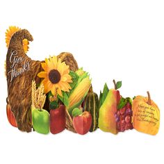 a thanksgiving greeting card with an image of a turkey, apples, cornucts and sunflowers