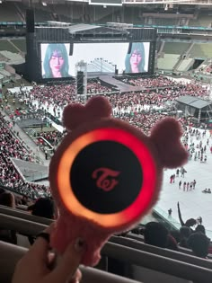 a person holding up a red and black object in front of a crowd