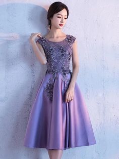 Cute Dark Purple Knee Length Satin Bridesmaid Dress, Lace Floral Party – BeMyBridesmaid Backless Formal Dresses, Satin Bridesmaid Dress, Floral Party Dress, Make Your Own Dress, Short Party Dress, Satin Short, Floral Party, Satin Bridesmaid Dresses, Purple Satin