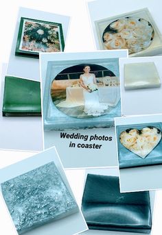 wedding photos in coasters are displayed on the table