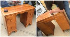 two photos side by side of a wooden desk and the top is being sanded down