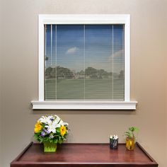 two vases filled with flowers sitting on top of a wooden table next to a window