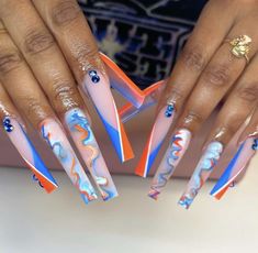 555 Nails Design, Jewl Nails, Orange And Blue Nails Design, Dope Nail Designs Swag, Colorful Nails Acrylic, Xxl Nails, Nail Cam, Birthday Behavior, Toenail Designs