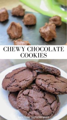 chocolate cookies on a white plate with the words chewy chocolate cookies above and below