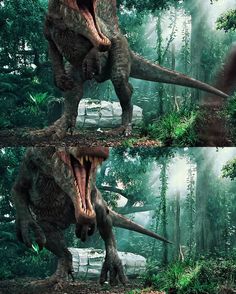 an image of two dinosaurs in the woods