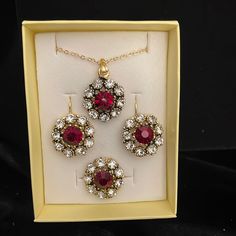 Necklace Earrings Ring Set Beautiful Tone Of Red Much Better Than The Pictures Hypoallergenic Nickel Free Don’t Change Color Red Round Jewelry Sets With Matching Earrings, Necklace Earrings, Red Gold, Ring Set, Lady In Red, Ring Sets, Jewelry Set, Ring Earrings, Color Change