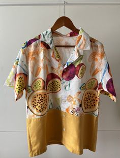 - UNIQUE PIECE - Passionfruit vintage unisex summer shirt. 100% made out of upcycled fabric remnants. Ethically made in Madagascar. Educator Aesthetic, Handmade Closet, Funky Clothing, Clothing Aesthetics, Planet Fashion, Fruit Shirt, Indie Clothes, Upcycled Fabric, Drama Ideas