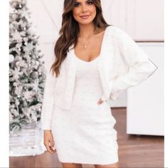 Perfect For Bride To Be! Both Dress And Cardigan Sold Together. Wedding Dress Knitted Cardigan Casual, White V-neck Sweater Dress, White Long Sleeve Cardigan For Beach Cover-up, White V-neck Cardigan For Daywear, White Stretch Sweater Dress With V-neck, Dress And Cardigan, Lily White, Pink Lily, Bride To Be