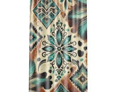 a shower curtain with an abstract design on the bottom and side, hanging from a metal rod