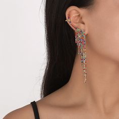 Material: Alloy Claw Chain Rhinestone Fashion Element: Line Style: Sweet and Cool Style Trendy Rhinestone Drop Earrings, Alloy Earrings With Rhinestones For Party, Pierced Alloy Jewelry For Party, Cubic Zirconia Single Ear Cuff For Party, Single Cubic Zirconia Ear Cuff For Party, Trendy Dangle Crystal Earrings With Rhinestones, Pierced Metal Ear Cuff For Party, Trendy Jeweled Dangle Jewelry, Trendy Crystal Dangle Earrings