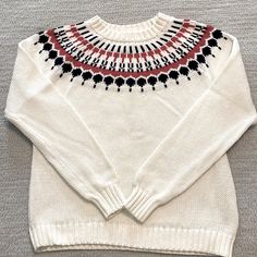 Size Large. Worn Only Once, Like Brand New. White Knit Tops With Fair Isle Pattern, White Long Sleeve Tops With Fair Isle Pattern, White Long Sleeve Top With Fair Isle Pattern, White Nordic Sweater With Fair Isle Pattern, Nordic Style White Sweater With Fair Isle Pattern, White Long Sleeve Nordic Top, Colorful Sweaters, White Blue, J Crew