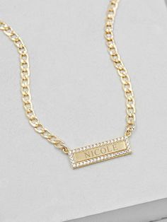 Cuban Link Bar Necklace - GOLD | Bar Charm Necklace | Engraved Bar Necklace | Engraved Name Necklace | Sparkle Bar |