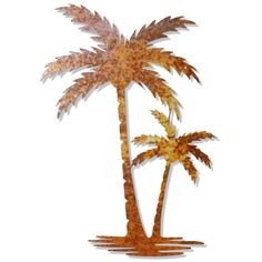 a metal palm tree is shown against a white background and has rusted paint on it