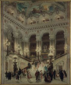 an ornately decorated building with chandeliers and people on the stairs in it