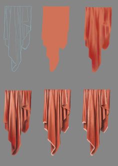 four different views of an orange curtain and the bottom one showing it's folds