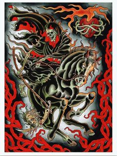 a drawing of a skeleton riding a horse with flames on it's back and arms