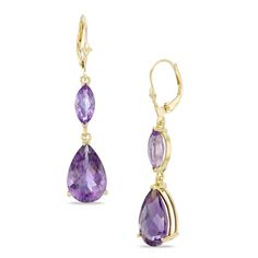 Fashioned in 10K gold, these drop earrings each feature a 15.0 x 10.0mm pear-shaped amethyst suspended by a marquise-cut amethyst. The earrings secure with lever backs. Elegant Amethyst Teardrop Dangle Earrings, Elegant Amethyst Teardrop Earrings, Elegant Purple Gemstone Teardrop Earrings, Amethyst Jewelry Necklace, Special Occasion Jewelry, Gold Jewelry Necklace, Amethyst Jewelry, Purple Stones, Amethyst Earrings