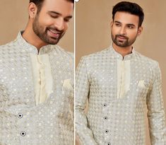 Designer mens indo western suit set sherwani collection for wedding , party wear function, ceremony function , gift for him. Its set of Sherwani/ indo with pajama which is indian attire dress outfit. groom sherwani or indo western dress. its made of fine fabric art silk fabric with digital work pattern on it. we are offering various size with 3 color option to buyer.  Fabric - Art Silk with Digital work Size - 34, 36, 38, 40, 42, 44, 46, 48, 50, 52, 54 Color- Silver & Cream   Wash Care- Dry Clea Bollywood Style Long Sleeve Sherwani For Groom, Festive Groom Sherwani, Designer Festive Sets For Groom, Long Sleeve Sherwani For Groom At Festivals, Long Sleeve Sherwani For Groom In Festivals, Long Sleeve Sherwani For Groom Diwali, Designer Sherwani For Groom On Eid, Designer Wear Sherwani In Straight Kurta Style, Semi-formal Sherwani With Resham Embroidery For Diwali