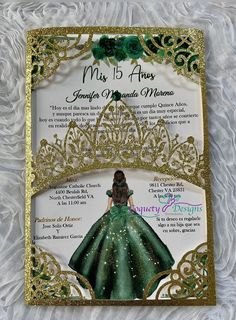 an image of a princess in green and gold on a white background with the words miss 15 agnes