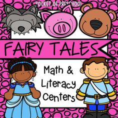 a pink and black poster with the words fairy tales written in front of two children