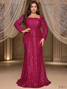 Sequin Embellished Evening Gown with Long Sleeves and Mermaid Hem - Perfect for Formal Events and Parties Gown With Long Sleeves, Sequin Evening Gowns, Long Sleeve Evening Gowns, Mermaid Evening Gown, Crop Top Dress, Elegant Maxi Dress, Fitted Midi Dress, Fish Tail, Knitted Bodycon Dress