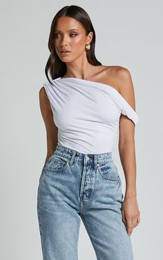 Jialeen Top - Off Shoulder Twist Asymmetrical Sleeve Top in White | Showpo USA Trendy One-shoulder Crop Top For Summer, Chic Asymmetrical Crop Top For Summer, Asymmetrical Stretch Off-shoulder Top For Spring, Summer Crop Top With Stretch And Asymmetrical Neckline, Stretch Crop Top With Asymmetrical Neckline For Summer, Stretchy One Shoulder Crop Top For Summer, Stretch One Shoulder Crop Top For Summer, Summer Stretch Crop Top With Asymmetrical Neckline, Stretchy Summer Crop Top With One Shoulder