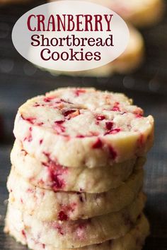 cranberry shortbread cookies stacked on top of each other