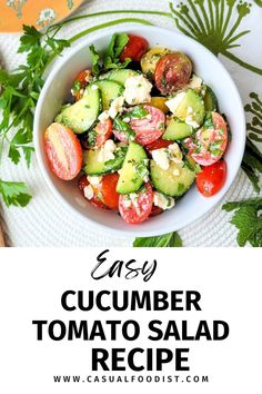 cucumber tomato salad recipe in a white bowl