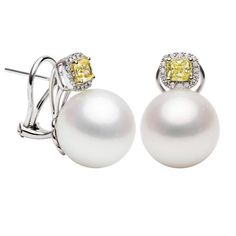 This stunning one of a kind Earring features: Yellow Diamond: 0.48 Cts T/W White Diamond: 0.23 Cts. T/W South Sea Pearl: 14-15 mm 18K White Gold Yellow Diamond And Yellow Pearl, Yellow Diamond Earrings, Sea Earrings, South Sea Pearls Earrings, Canary Diamond, Pearl Jewels, Golden South Sea Pearls, Yellow Diamonds, Contemporary Earrings