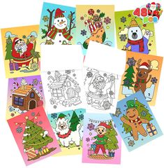 a bunch of christmas cards with pictures of animals and snowmen on them, all in different colors