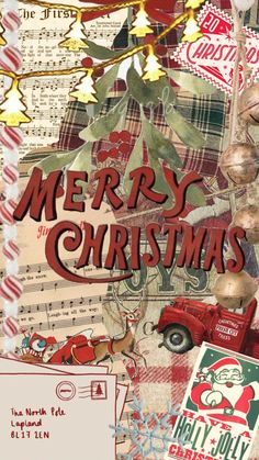 christmas collage with red truck, holly tree and music notes on it's side