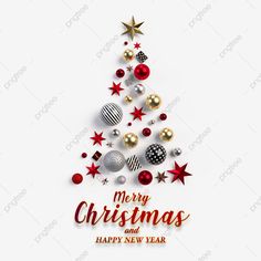 merry christmas and happy new year greeting card with a tree made from balls, stars and baubles